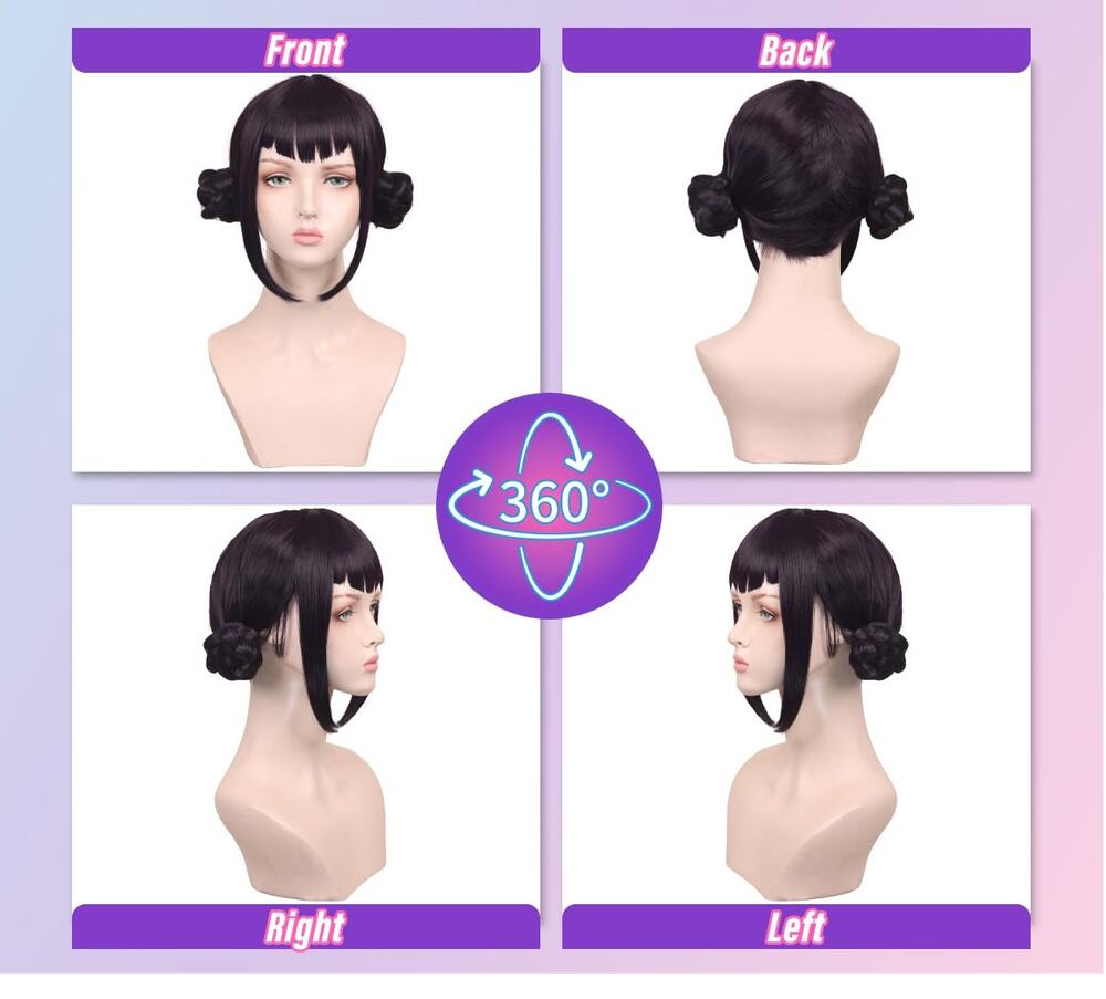 Short Black Purple Cosplay Wig with 2 Buns for Women Halloween Party Costume